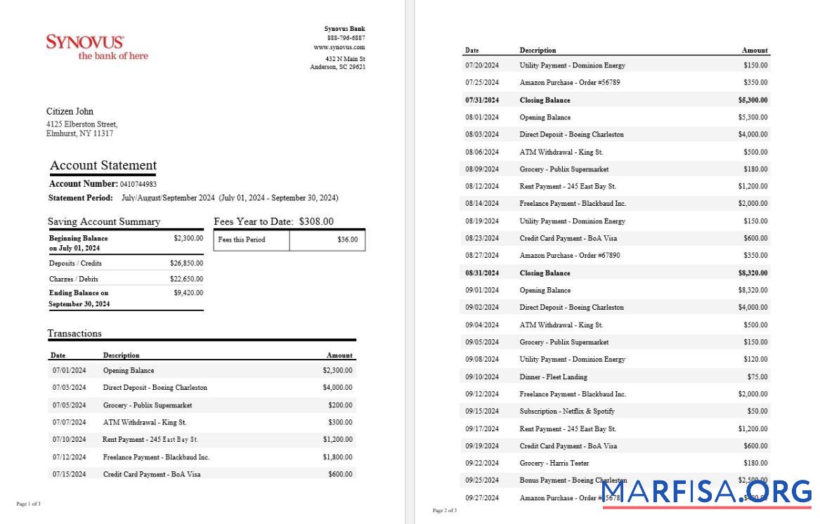 Printable USA Synovus bank statement word 3 pages real example